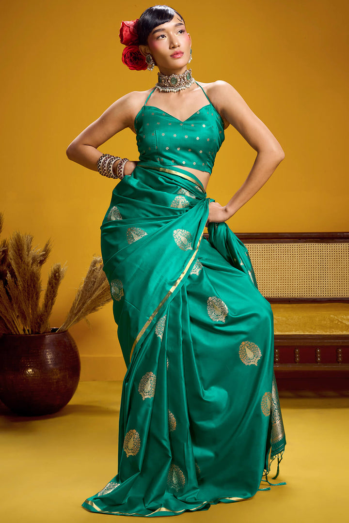 Surfie Green Zari Woven Banarasi Satin silk saree