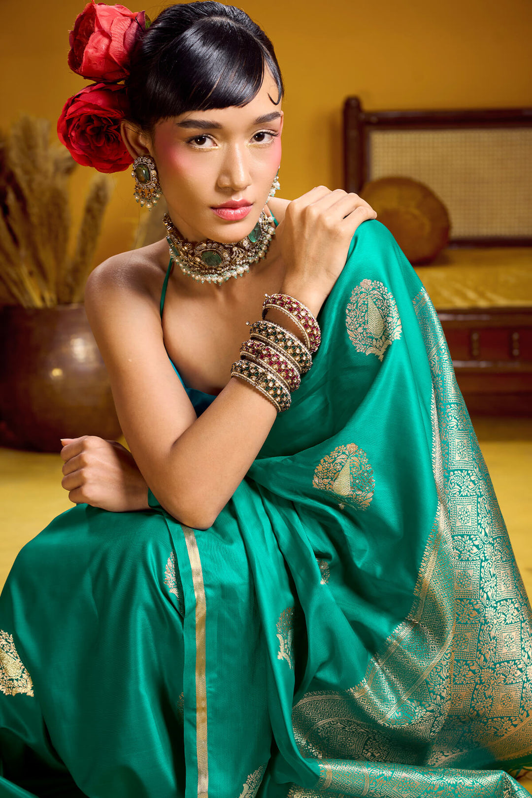 Surfie Green Zari Woven Banarasi Satin silk saree