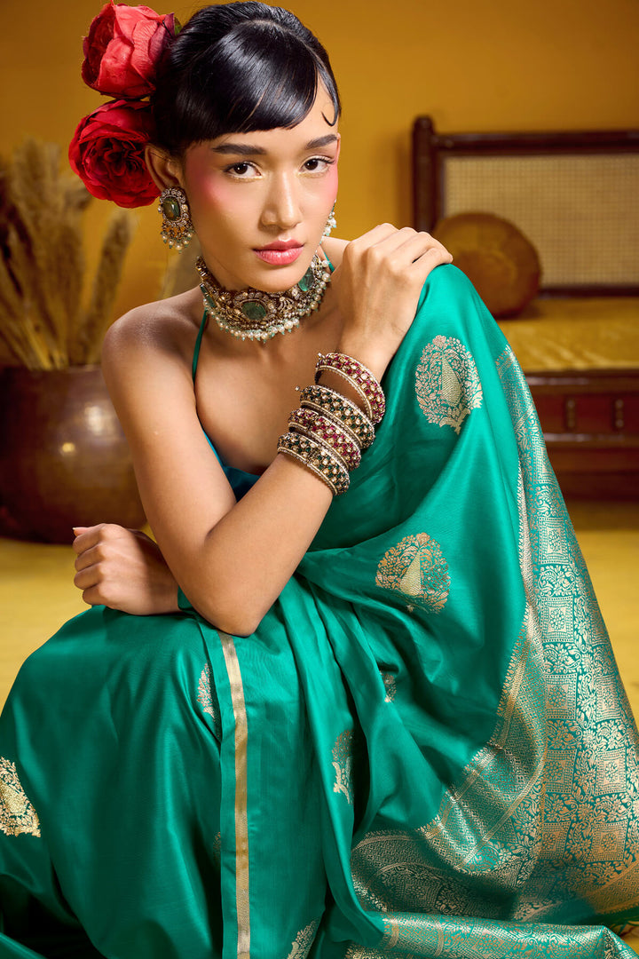 Surfie Green Zari Woven Banarasi Satin silk saree
