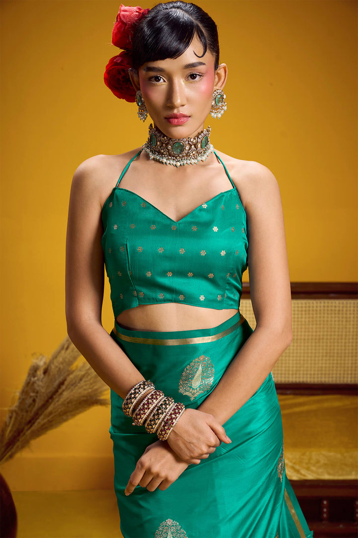 Surfie Green Zari Woven Banarasi Satin silk saree