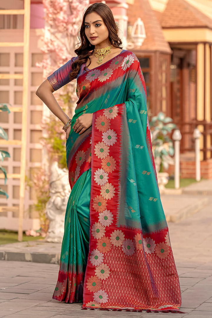 Surfie Green Zari Woven Banarasi Silk Saree