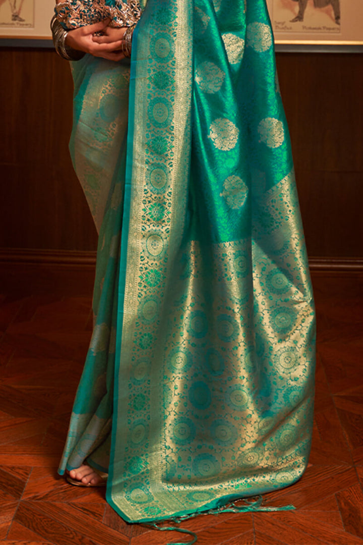 Surfie Green Zari Woven Kanjivaram Silk Saree