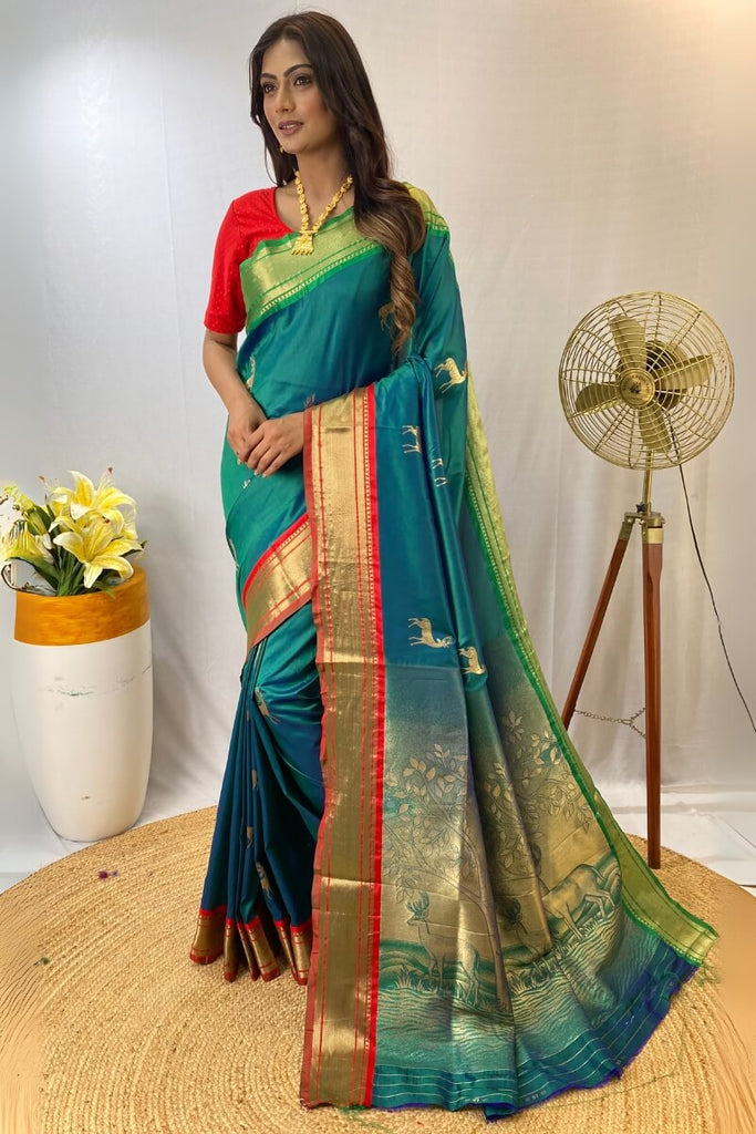 Surfie Green Zari Woven Paithani Silk Saree