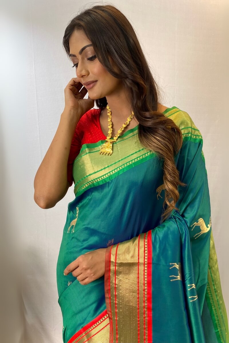 Surfie Green Zari Woven Paithani Silk Saree