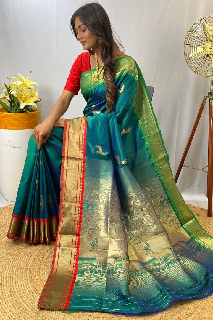 Surfie Green Zari Woven Paithani Silk Saree