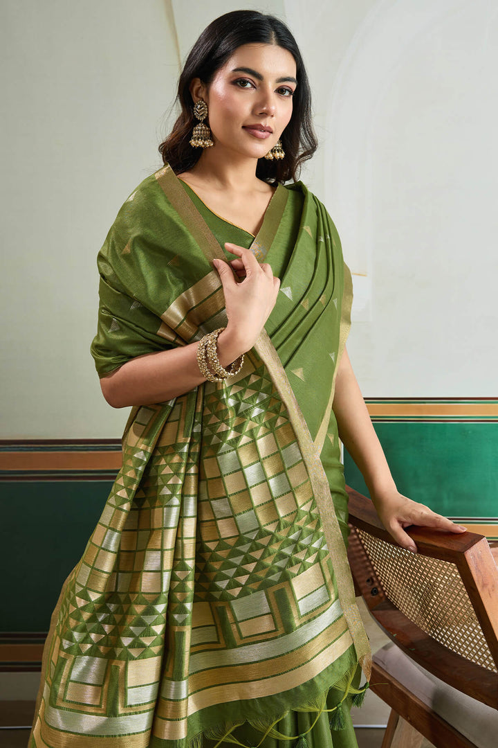 Swamp Green Woven Tussar Silk Saree
