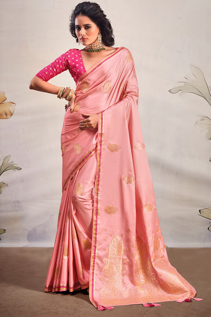 Sweet Pink Banarasi Satin Silk Saree