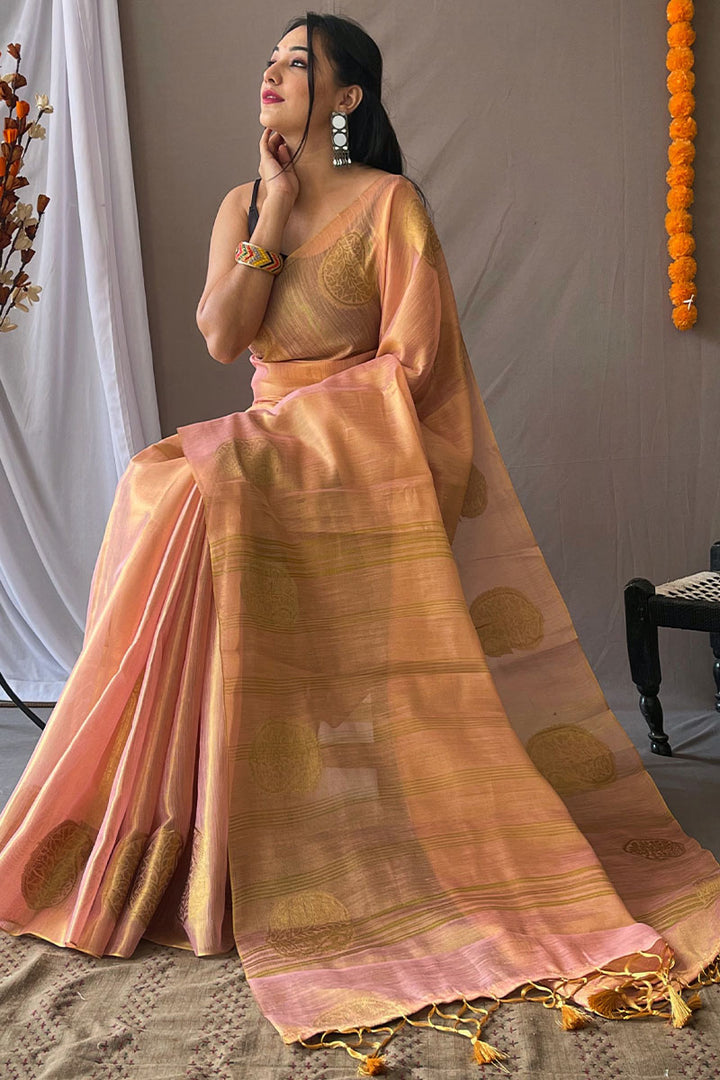 Sweet Pink Zari Woven Tissue silk Saree