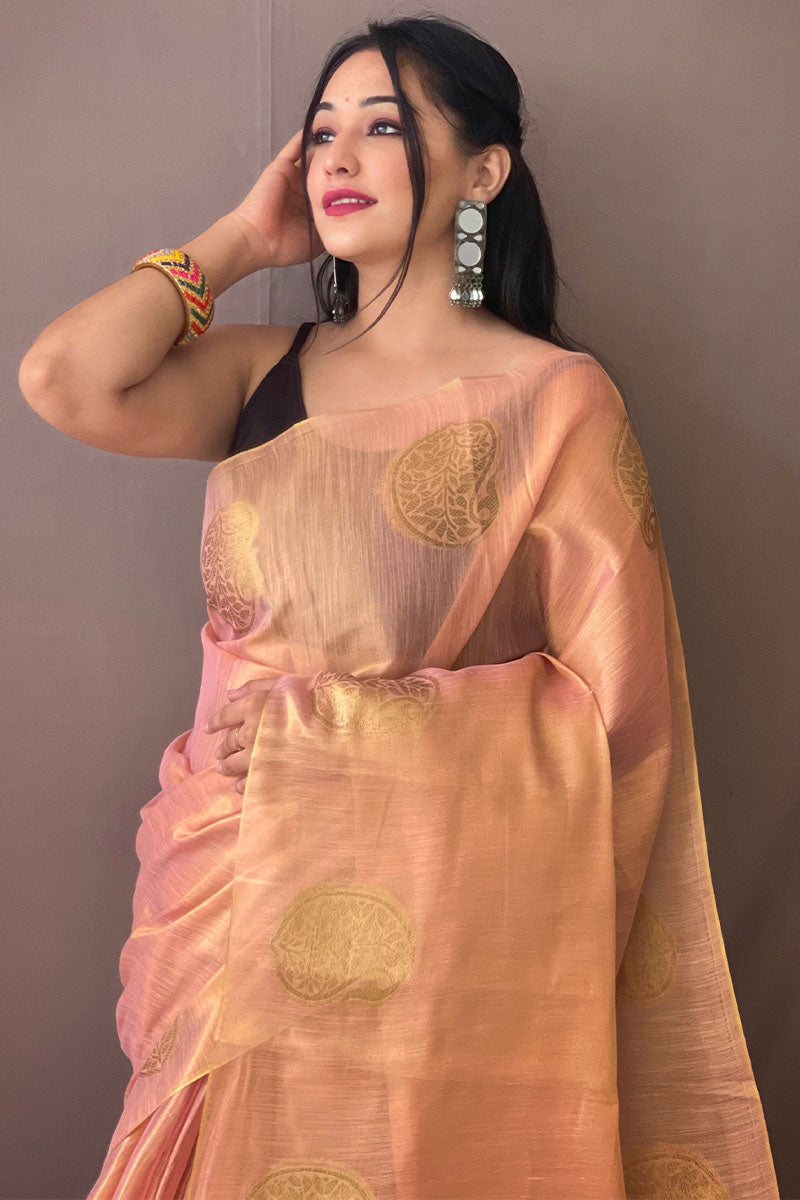 Sweet Pink Zari Woven Tissue silk Saree