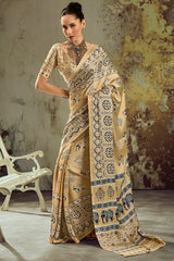 Tacao Beige Ajrakh Printed Satin Silk Saree
