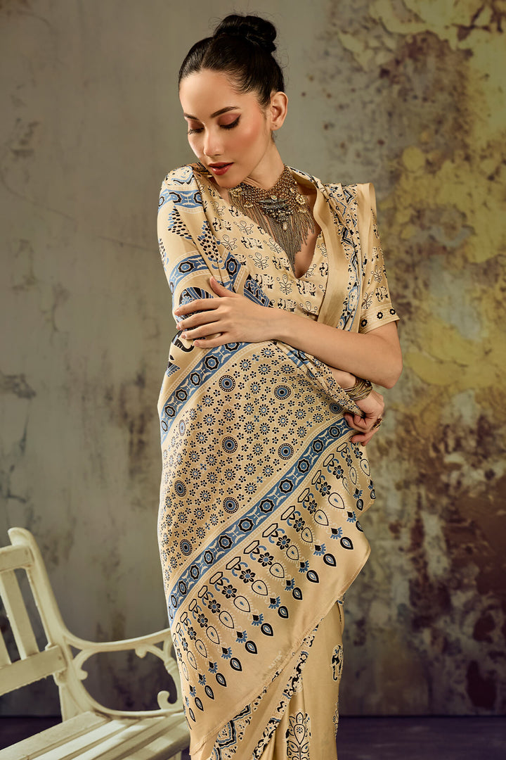 Tacao Beige Ajrakh Printed Satin Silk Saree