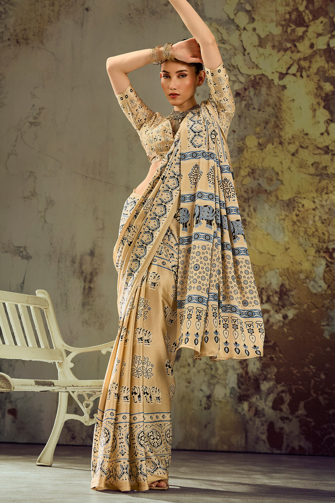 Tacao Beige Ajrakh Printed Satin Silk Saree