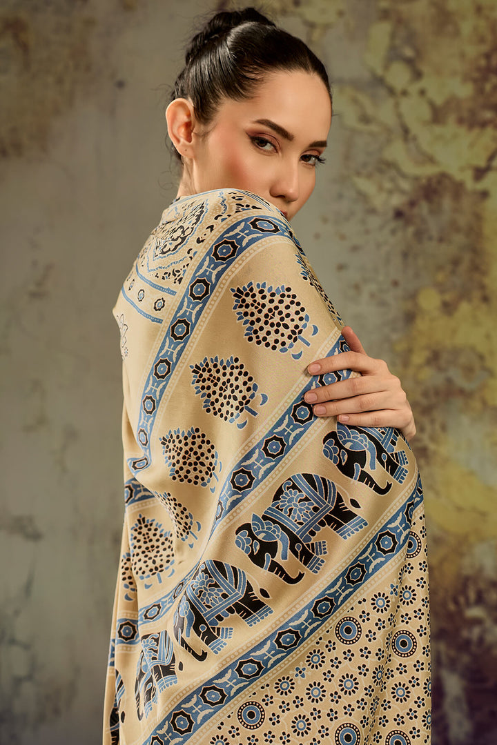 Tacao Beige Ajrakh Printed Satin Silk Saree
