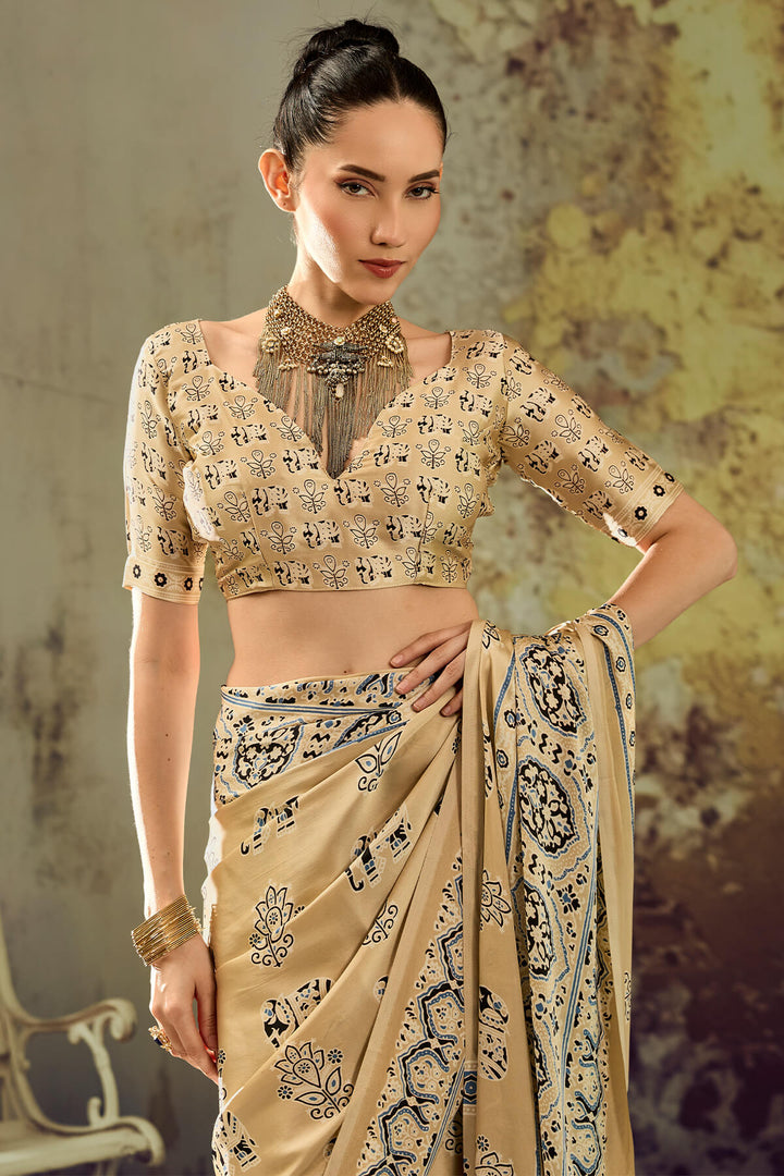 Tacao Beige Ajrakh Printed Satin Silk Saree