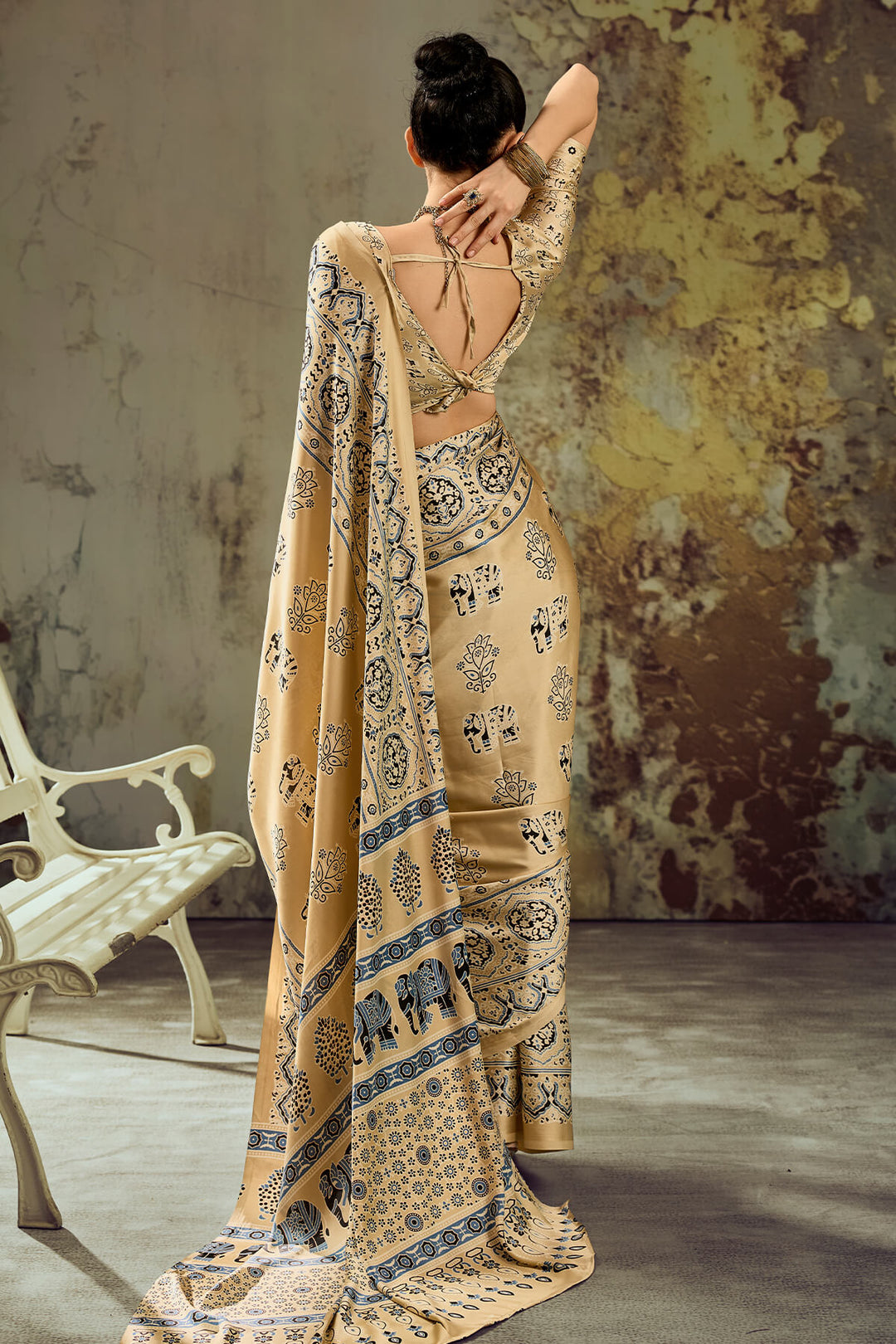 Tacao Beige Ajrakh Printed Satin Silk Saree