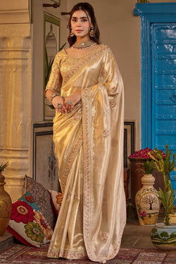 Tacao Beige Hand Work Viscose Saree with Stiched Blouse