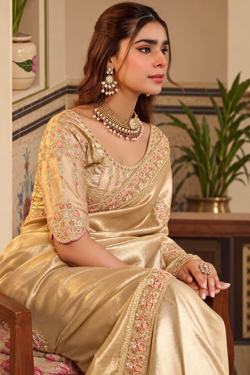 Tacao Beige Hand Work Viscose Saree with Stiched Blouse