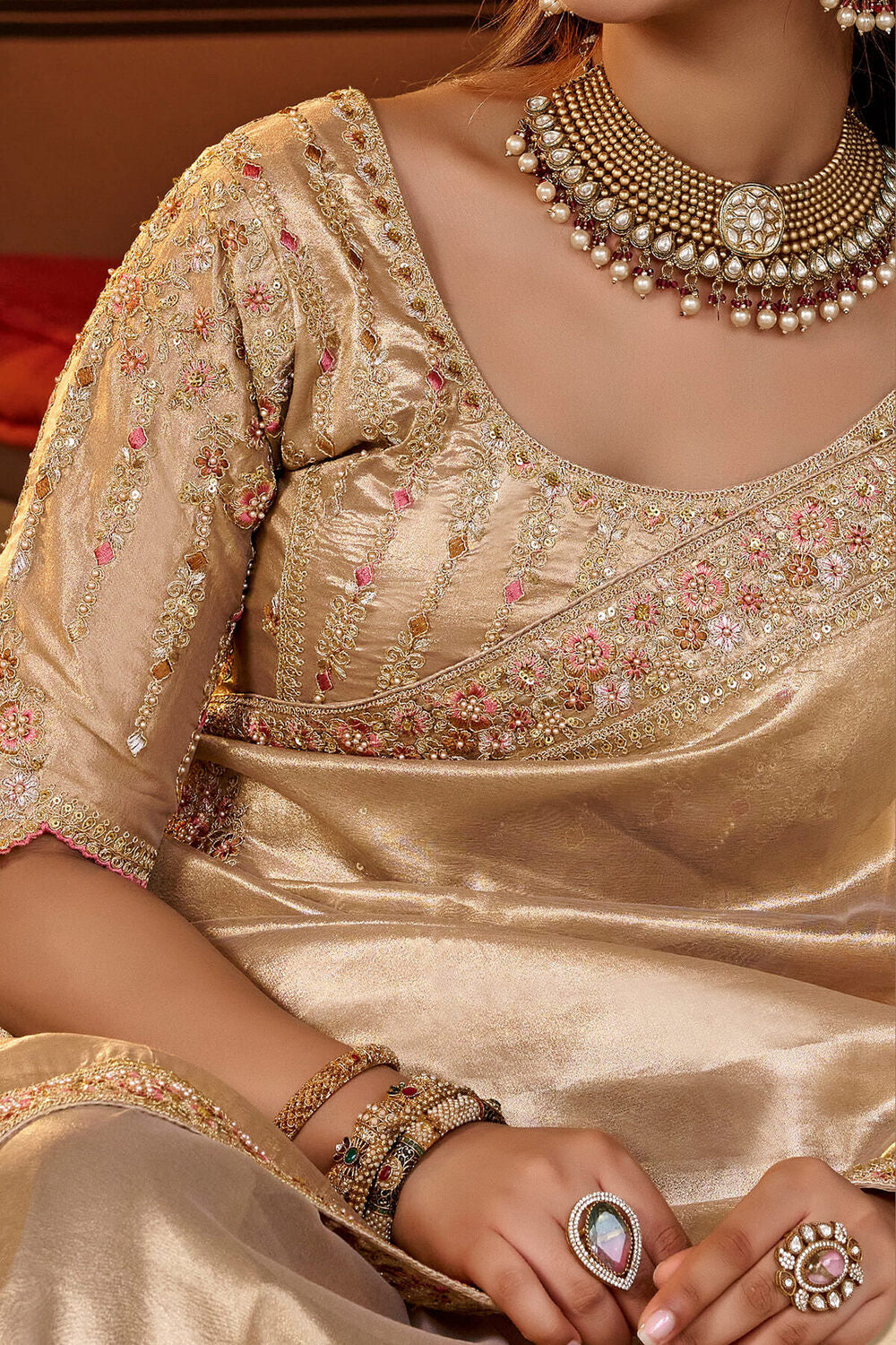 Tacao Beige Hand Work Viscose Saree with Stiched Blouse
