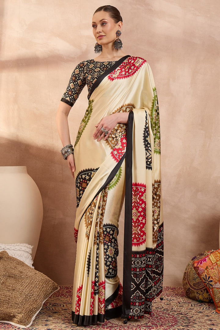 Tacao Beige Printed Satin Silk Saree