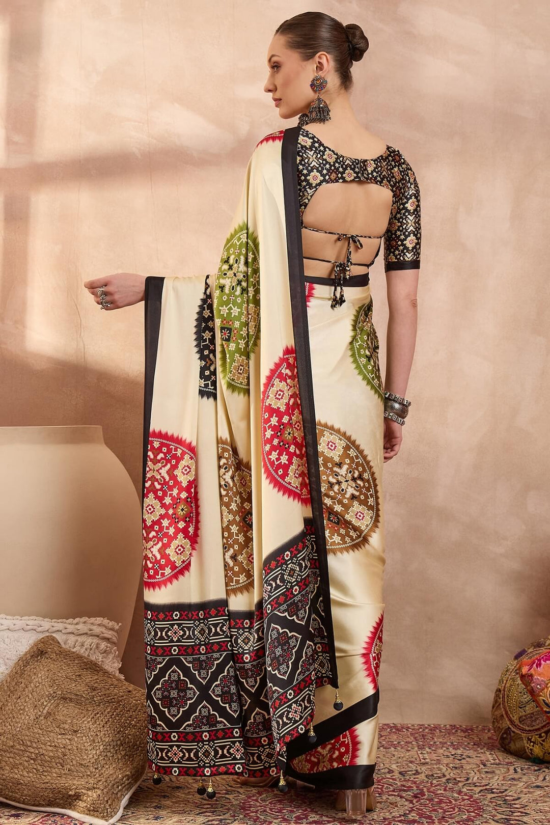Tacao Beige Printed Satin Silk Saree
