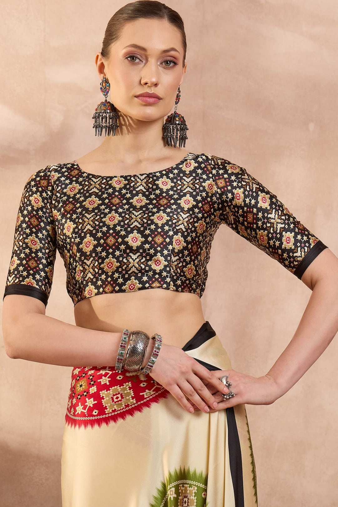 Tacao Beige Printed Satin Silk Saree