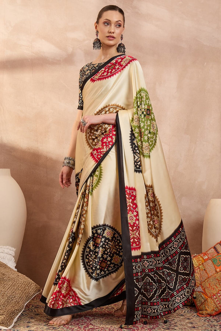 Tacao Beige Printed Satin Silk Saree