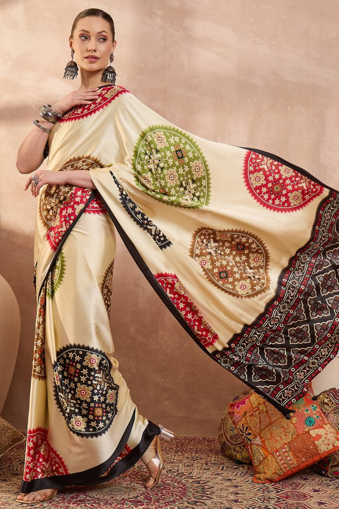 Tacao Beige Printed Satin Silk Saree