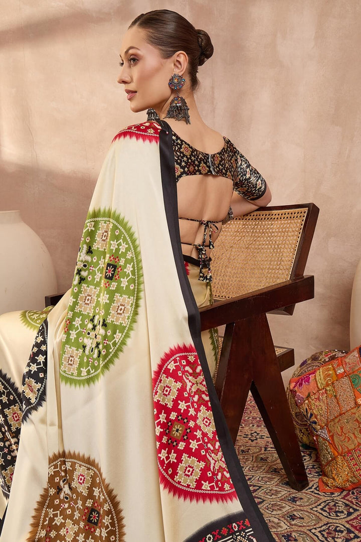 Tacao Beige Printed Satin Silk Saree