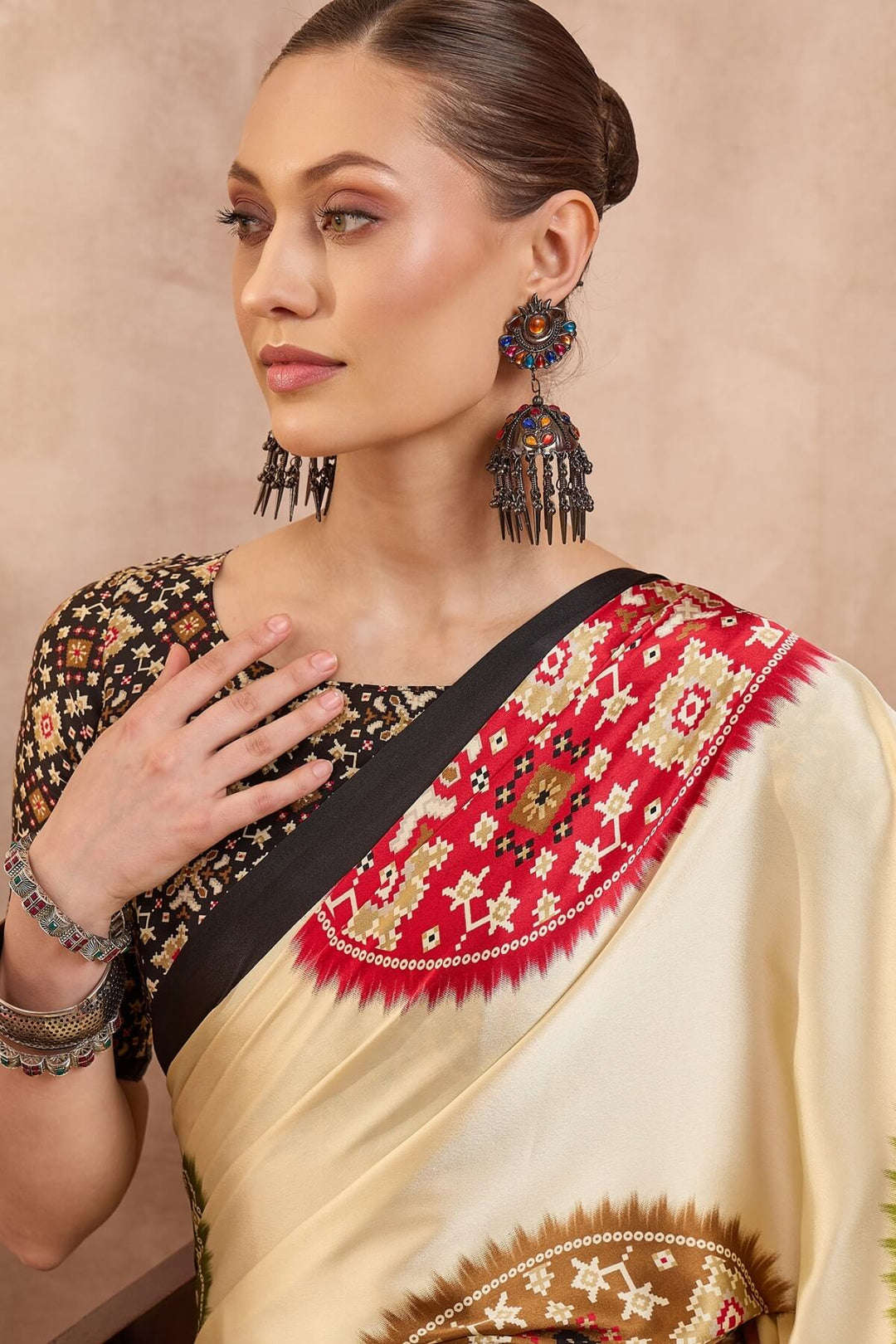 Tacao Beige Printed Satin Silk Saree