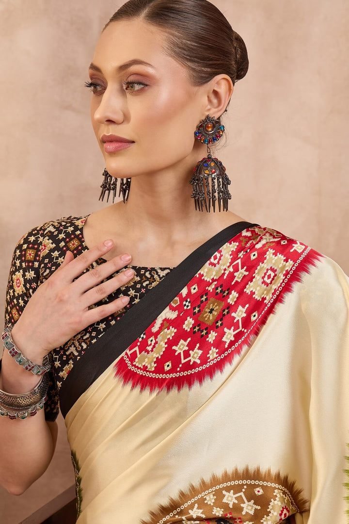 Tacao Beige Printed Satin Silk Saree
