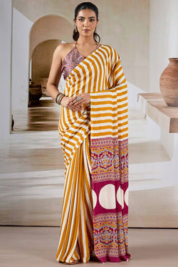 Tahiti Gold Ajrakh Printed Satin Crepe Silk Saree
