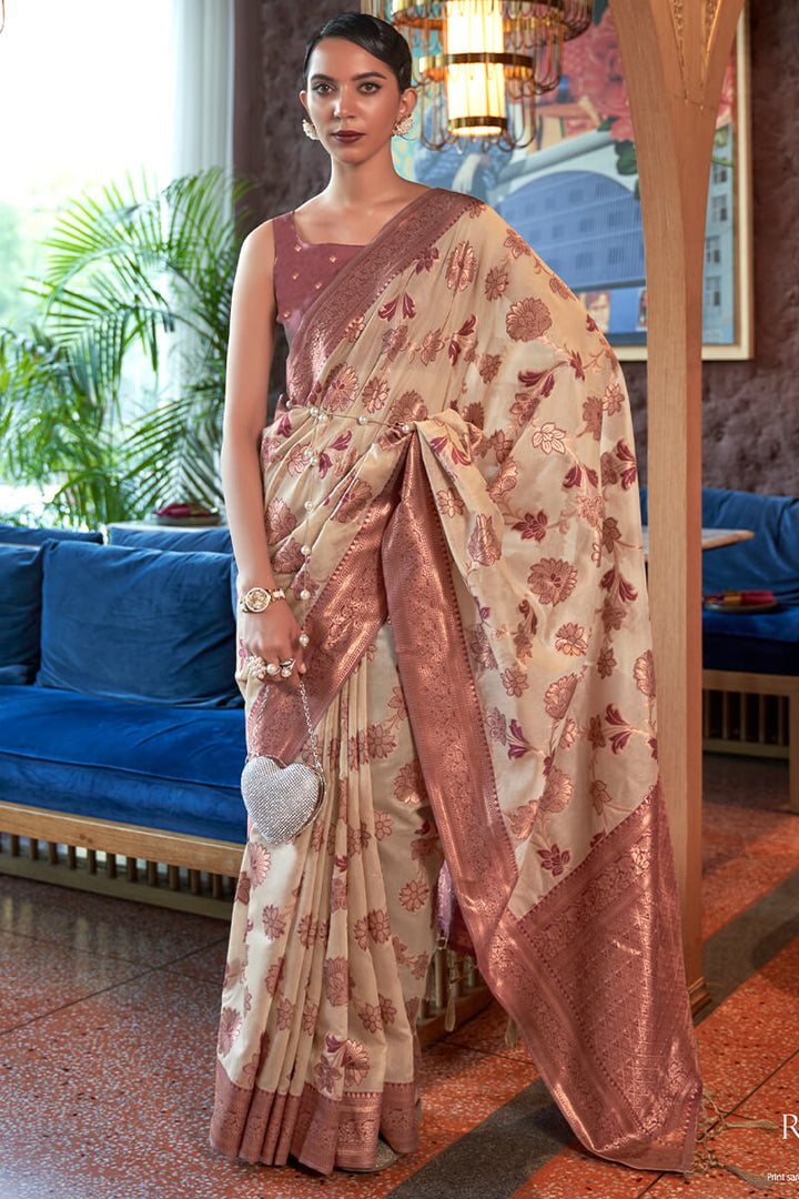 Tan Beige Shimmer Organza Silk Saree