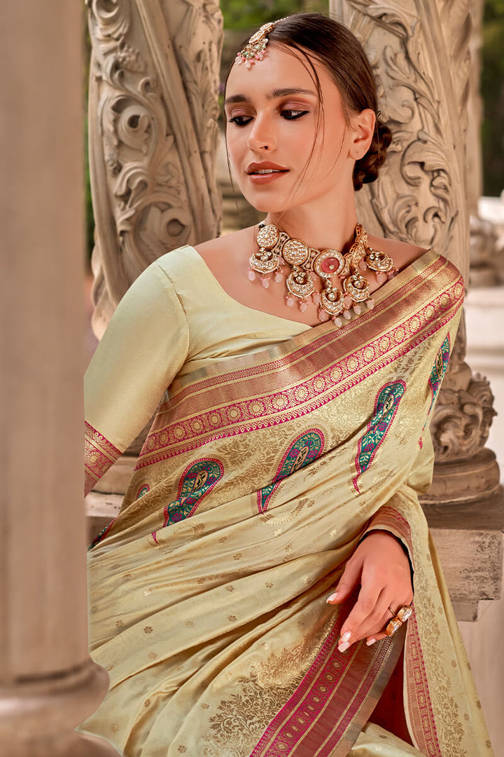 Tan Beige Soft Banarasi Silk Saree