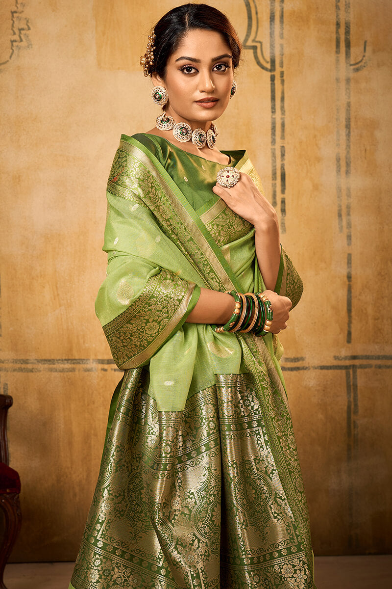 Tan Green Banarasi Silk Saree