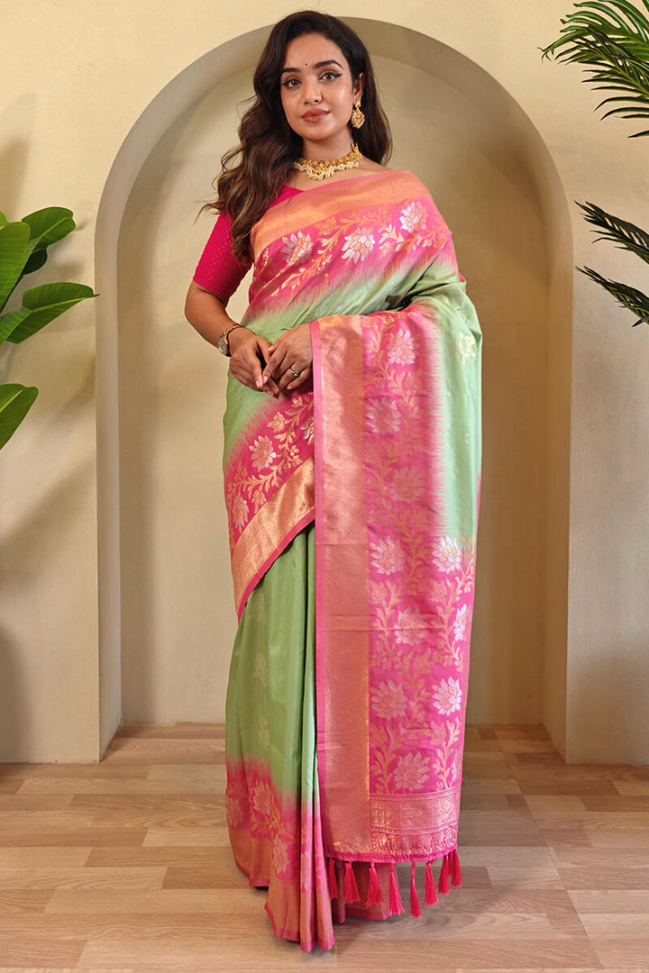 Tan Green Banarasi Silk Saree with Designer Chaap Border