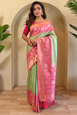 Tan Green Banarasi Silk Saree with Designer Chaap Border