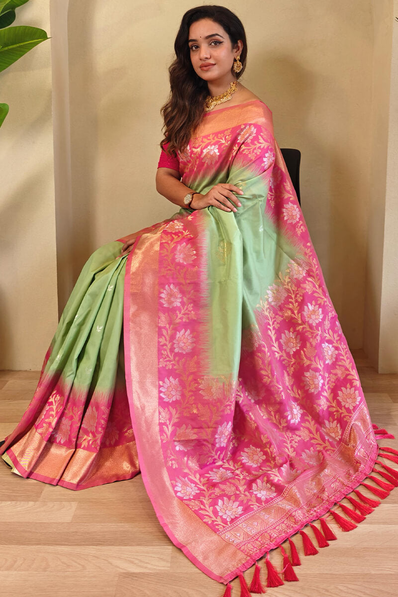 Tan Green Banarasi Silk Saree with Designer Chaap Border