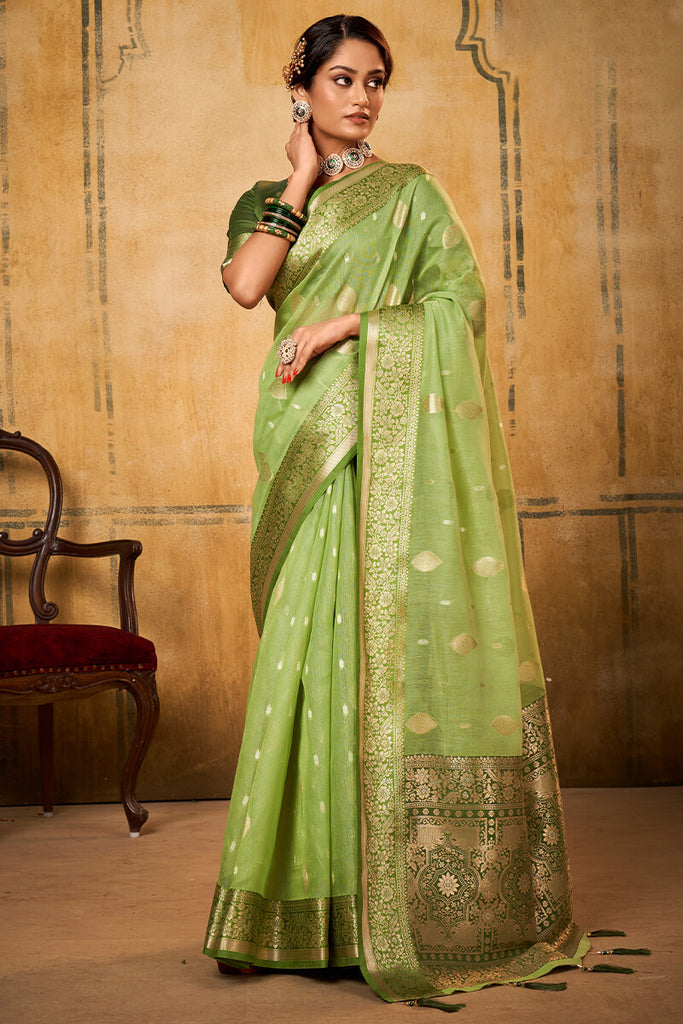Tan Green Banarasi Silk Saree