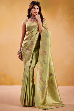 Tan Green Banarasi Tissue Silk Saree