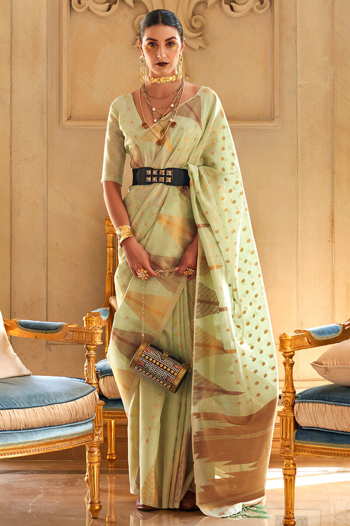 Tan Green Banarasi Woven Tissue Silk Saree