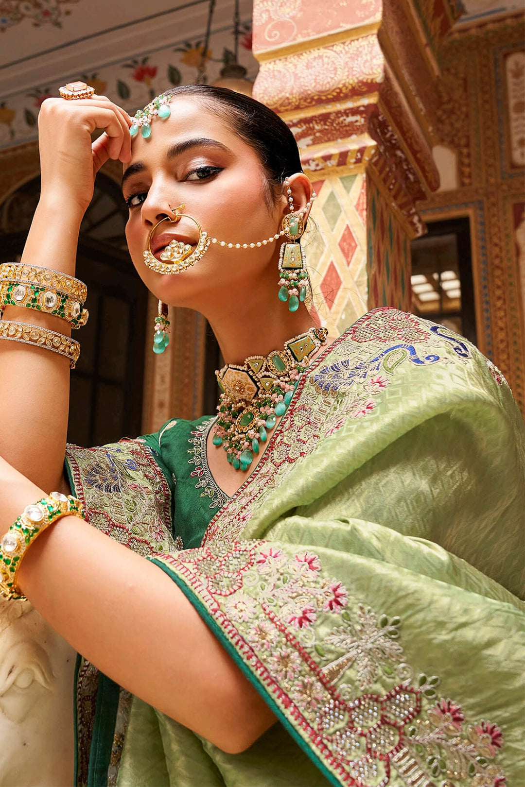Tan Green Embroidery Work Tissue Silk Saree