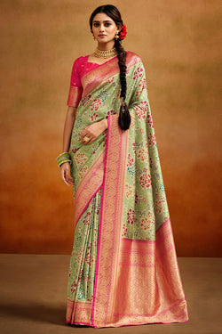 Tan Green Kalamkari Printed Tussar Silk Saree