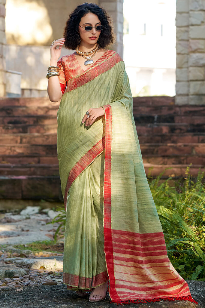 Tan Green Katan Silk Saree