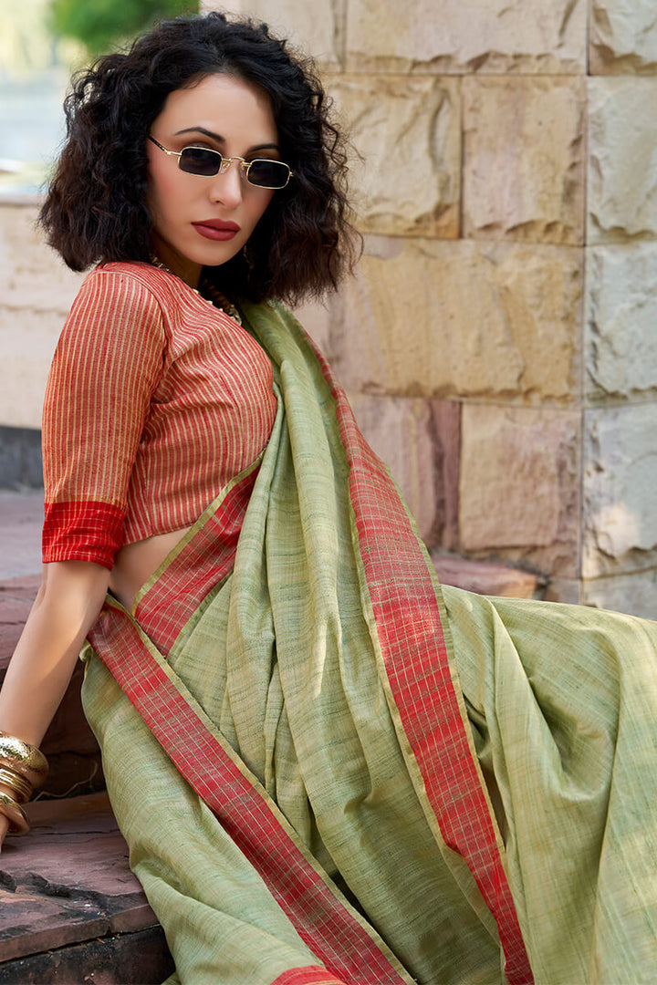 Tan Green Katan Silk Saree