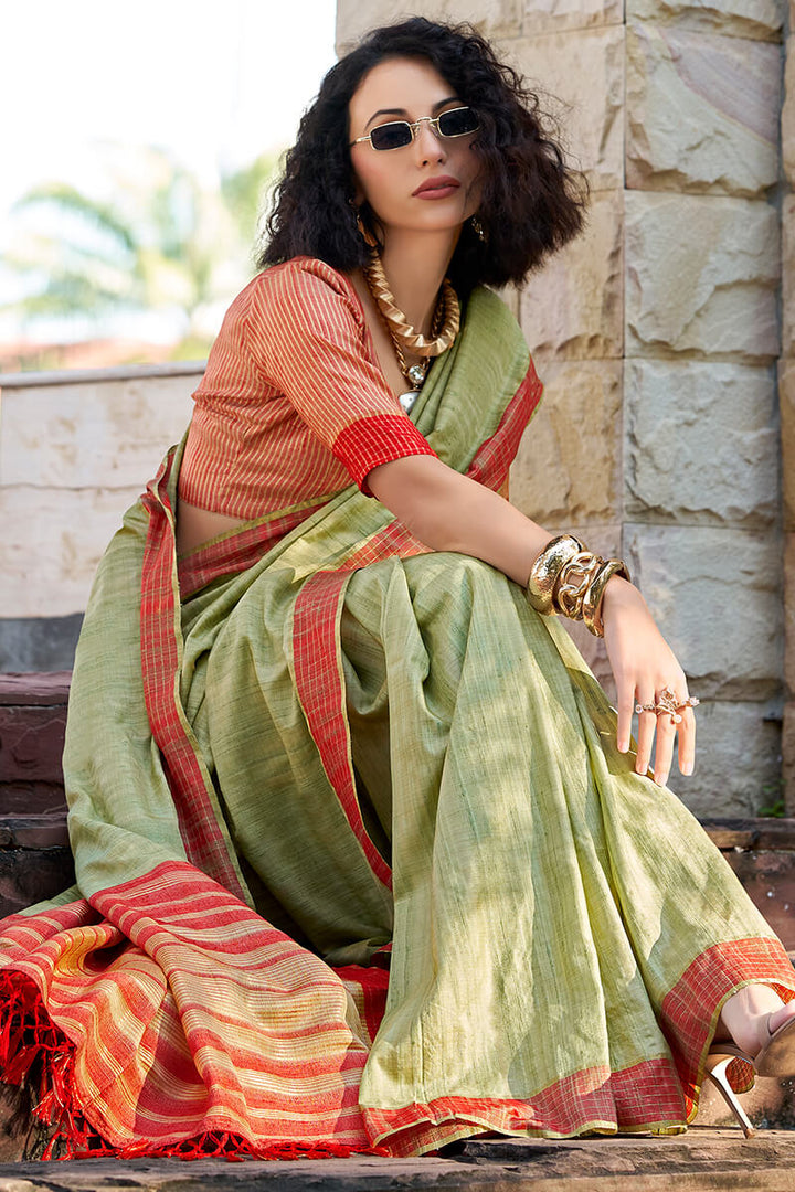 Tan Green Katan Silk Saree