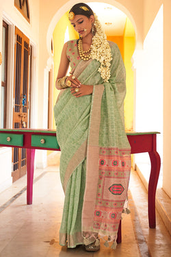 Tan Green Linen Tussar Silk Saree