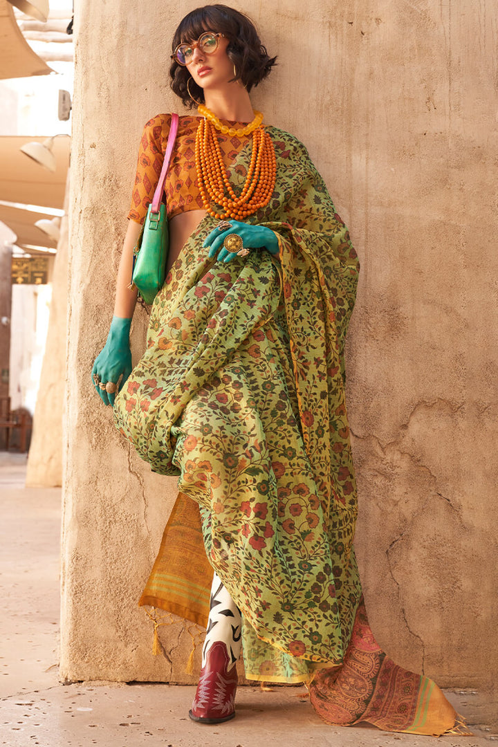 Tan Green Printed Tissue Silk Saree