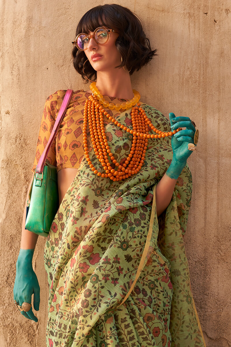 Tan Green Printed Tissue Silk Saree