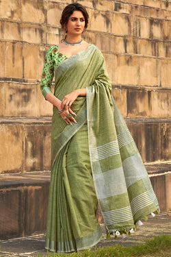 Tan Green Soft Linen Silk Saree
