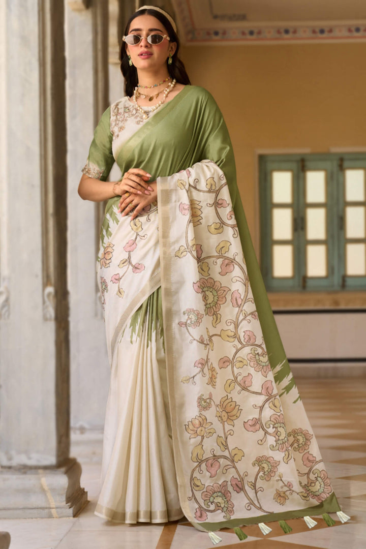 Tan Green Tusser Silk Saree